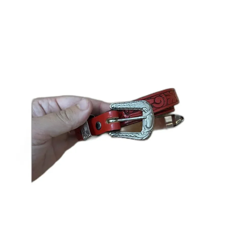 Red Floral Tooled Leather Western Belt Silver Tone Buckle Cowgirl Boho USA Rodeo